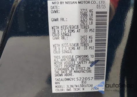 2015 Infiniti Qx60 from USA, damaged, VIN 5N1AL0MM2FC522057
